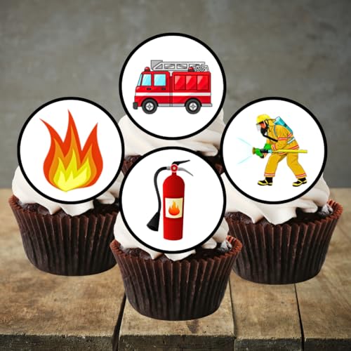 24 x Cupcake-Topper/-Dekorationen, Motiv: Feuerwehrmann / Feuerwehrmann, gesüßt, Vanillegeschmack, essbares Oblaten-Reispapier von Cian's Cupcake Toppers Ltd