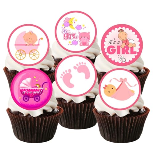 VORGESCHNITTENE essbare Cupcake-Topper „Baby Girl Mix“ – Rosa Babyparty-Kuchendekorationen, Geschlechtsoffenbarung, Kuchen, Cupcakes und Desserts (Packung mit 48 – 3-cm-Scheiben) von Cian's Cupcake Toppers Ltd
