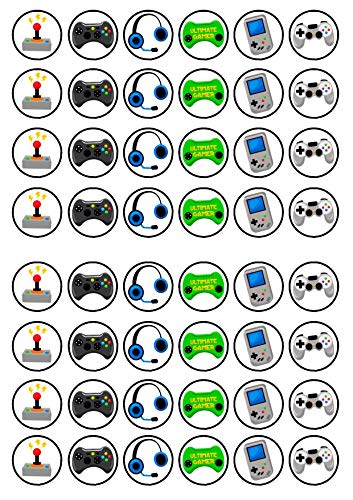 Essbare Cupcake-Topper mit Gamer-Motiv Nr. 1 – flache/stehende Scheiben, Oblaten, Kuchen-Dekorationen, 48 x 3 cm, ungeschnitten, 48 Stück von Cians Cupcake Toppers