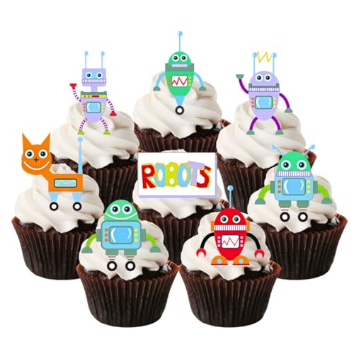 Essbare Cupcake-Topper mit Roboter-Motiv, stehende Oblaten, Kuchendekorationen (12 Stück) von Cian's Cupcake Toppers Ltd