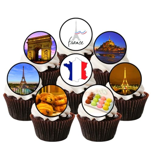 French Paris Theme Edible PREMIUM THICKNESS SWEETENED VANILLA, Wafer Rice Paper Cupcake Toppers/Decorations by Cian's Cupcake Toppers Ltd von Cian's Cupcake Toppers Ltd