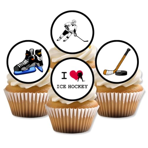 24 VORGESCHNITTENE essbare Cupcake Aufsätze mit Eishockey Motiv – Premium Dicke, gesüßte Vanille – Oblaten Kuchendekorationen von Cians Cupcake Toppers