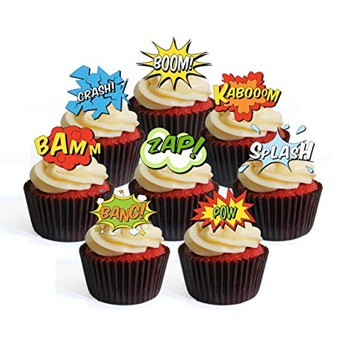 Essbare Cupcake-Dekoration mit Superhelden-Comic-Motiven, vorgeschnitten, zum Aufstellen, flach liegend, 24 Stück von Cians Cupcake Toppers