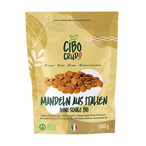 Mandeln Bio Ganz Ungesalzen - 500g. Natur Mandeln Geschält Ungeröstet und Getrocknet. Italienische Mandeln Herkunft Sizilien. Bittere Ganze Mandeln Naturbelassen. Organic Bitter Almonds. von CIBO CRUDO crudo biologico vegan