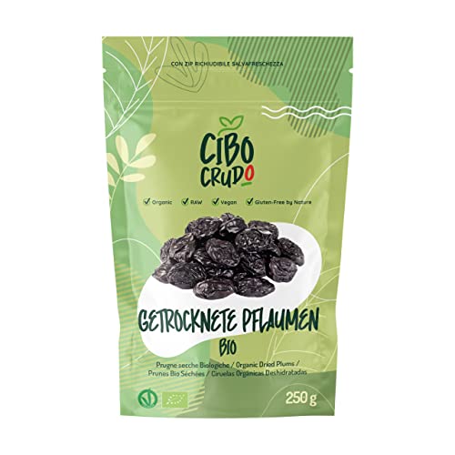 Bio Pflaumen Getrocknet und Entsteint - 250g. Roh Pflaume Ungeschwefelt ohne Zuckerzusatz oder Zusätze. Getrocknete Pflaumen Bio als Aromatische Trockenfrüchte. Backpflaumen ohne Stein. von CIBO CRUDO crudo biologico vegan