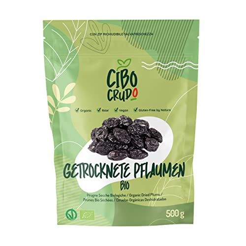 Bio Pflaumen Getrocknet und Entsteint - 500g. Roh Pflaume Ungeschwefelt ohne Zuckerzusatz oder Zusätze. Getrocknete Pflaumen Bio als Aromatische Trockenfrüchte. Backpflaumen ohne Stein. von CIBO CRUDO crudo biologico vegan