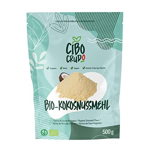 Kokosmehl Bio Low Carb für Keto - 500g. Kokosnussmehl ohne Zucker und Entölt. Cocos Mehl oder Coconut Flour aus Kokosnuss. Glutenfreie Alternative. von CIBO CRUDO crudo biologico vegan