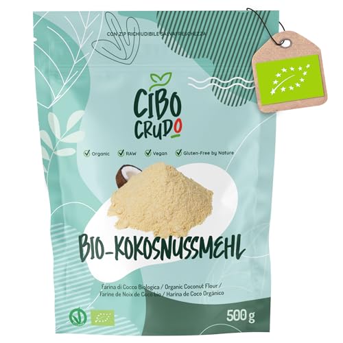 Kokosmehl Bio Low Carb für Keto - 500g. Kokosnussmehl ohne Zucker und Entölt. Cocos Mehl oder Coconut Flour aus Kokosnuss. Glutenfreie Alternative. von CIBO CRUDO crudo biologico vegan