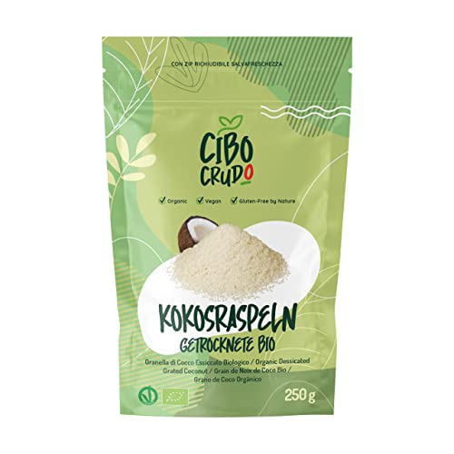 Kokosraspeln Bio - 200g. Dehydriert Kokoschips Ungesüßt und Getrocknet. Coconut Flakes. Kokos Chips Sonne Getrocknet. Ausgezeichnet als Snack und für Süße Rezepte von CIBO CRUDO crudo biologico vegan