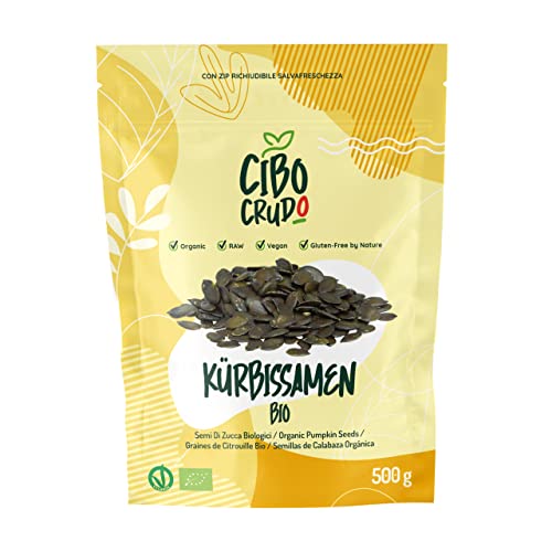 Kürbiskerne Bio - 500g. Geschält Kürbis Kerne ohne Salz und Ungeröst. Quelle von Vitaminen Kalium Magnesium Phosphor Antioxidantien und Essentiellen Aminosäuren. von CIBO CRUDO crudo biologico vegan