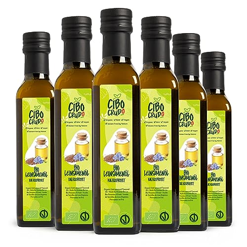 Leinöl Bio Kaltgepresst und Rein - 250ml x6. Leinsamenöl Bio Reich an Ungesättigte Omega 3 Fettsäuren Antioxidantien und Kalzium. Organic Flaxseed Oil. von CIBO CRUDO crudo biologico vegan