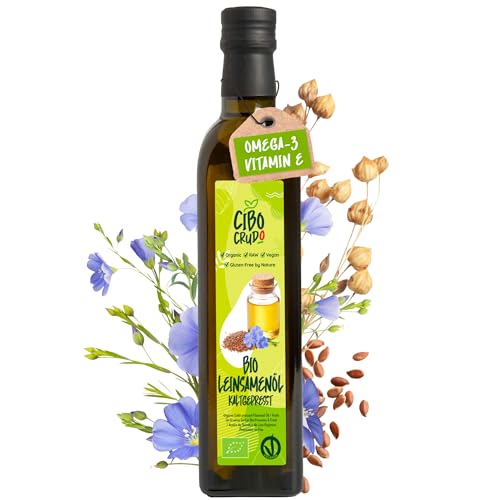 Leinöl Bio Kaltgepresst und Rein - 500ml. Leinsamenöl Bio Reich an Ungesättigte Omega 3 Fettsäuren Antioxidantien und Kalzium. Organic Flaxseed Oil. von CIBO CRUDO crudo biologico vegan