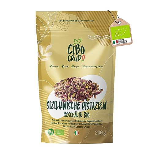 Bio Pistazien Ungesalzen Geschält - 200g. Italienische Pistazienkerne Ungeröstet aus Sizilien. Frische Pistazien ohne Schale Naturbelassen Pistachio. Quelle für Fettsäuren Ballaststoffe und Vitamine. von CIBO CRUDO crudo biologico vegan