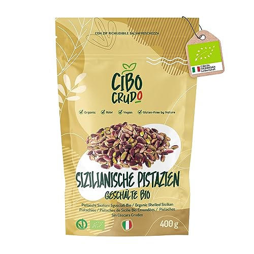 Bio Pistazien Ungesalzen Geschält - 400g. Italienische Pistazienkerne Ungeröstet aus Sizilien. Frische Pistazien ohne Schale Naturbelassen Pistachio. Quelle für Fettsäuren Ballaststoffe und Vitamine. von CIBO CRUDO crudo biologico vegan