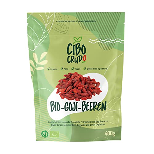 Roh Goji Beeren Bio Ungeschwefelt - Premium Qualität - 400g. Bio Goji Beeren Getrocknet aus zertifiziert Biologischem Anbau Ungezuckert. Organic Goji Berries. von CIBO CRUDO crudo biologico vegan