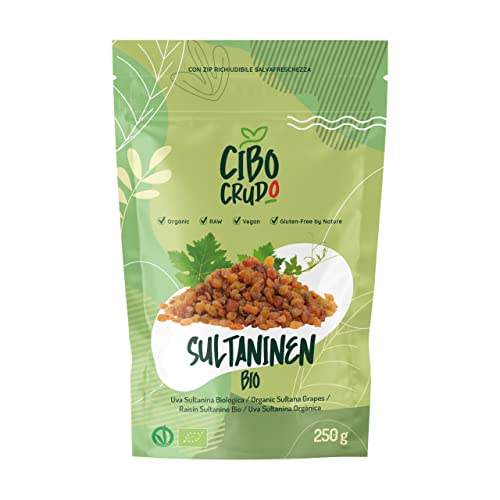 Sultaninen Bio Ungeschwefelt - 250g. Getrocknete und Rohe. Dehydrierte Rosinen ohne Zuckerzusatz zum Verzehr zu Snacks oder Desserts. von CIBO CRUDO crudo biologico vegan