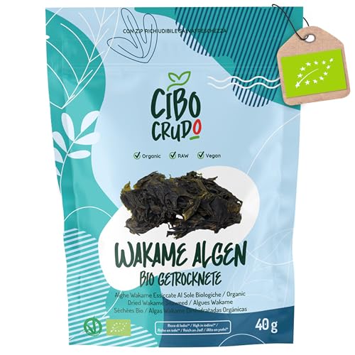 Wakame Algen Bio - 40g. Premium Qualität Sonnengetrocknet Alge. Seetang Blätter für Miso Suppe oder Dashi. Wakame Algen Getrocknet. von CIBO CRUDO crudo biologico vegan