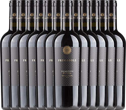 VINELLO 12er Weinpaket Primitivo - Primasole Primitivo 2019 - Cielo e Terra mit einem VINELLO.weinausgießer | trockener Rotwein | italienischer Rotwein aus Apulien | 12 x 0,75 Liter von Cielo e Terra