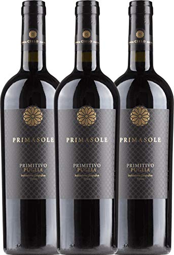 VINELLO 3er Weinpaket Primitivo - Primasole Primitivo 2019 - Cielo e Terra mit einem VINELLO.weinausgießer | trockener Rotwein | italienischer Rotwein aus Apulien | 3 x 0,75 Liter von Cielo e Terra