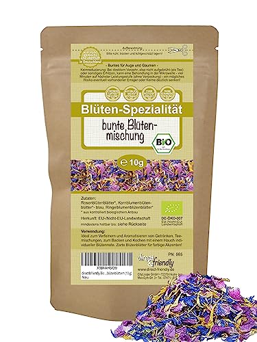direct&friendly Bio bunte Blütenmischung - farbenfrohe Essblüten-Mischung aus Rosen-, Ringelblumen- und Kornblumenblütenblättern (10 g) von direct&friendly