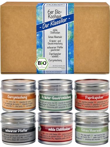 direct&friendly | 6er Bio-Gewürze Geschenkset | Chili, Curry, Pfeffer, Meersalz, Paprika, Kräuter-Gewürzmischung | 360 g von direct&friendly