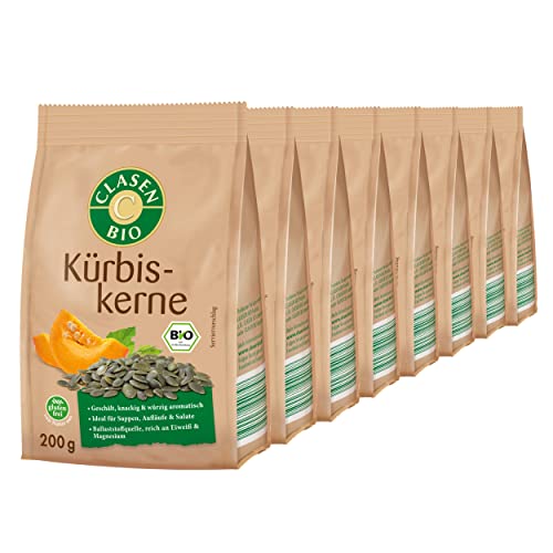8x CLASEN BIO Kürbiskerne geschält, ideal als Snacks und zum Verfeinern - 200 g 8x CLASEN BIO Kürbiskerne geschält, ideal als Snacks und zum Verfeinern - 200 g von Clasen Bio