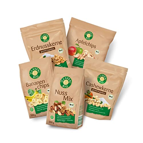 CLASEN BIO Snack Welt | Nuss Mix, gesalzene Cashews, gesalzene Erdnusskerne, Apfelchips und Bananenchips | vegan | glutenfrei von Clasen Bio