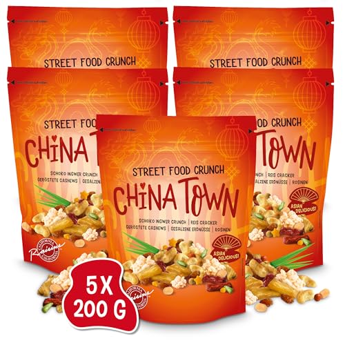 Street Food Crunch - China Town Knabbermix Set exotisch & orientalisch 5x200g - Knabbermischung mit Schoko-Ingwer-Crunch, Reis Cracker, geröstete Cashews – Süß, scharf & salzig – Snack-Mix China style von Clasen Bio