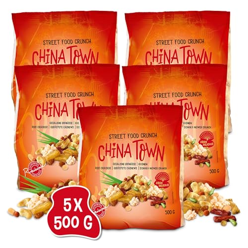 Street Food Crunch - China Town Knabbermix Set exotisch & orientalisch 5x500g - Knabbermischung mit Schoko-Ingwer-Crunch, Reis Cracker, geröstete Cashews – Süß, scharf & salzig – Snack-Mix China style von Clasen Bio