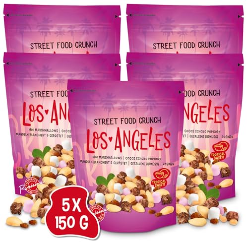 Street Food Crunch - Los Angeles Knabbermix 5x150g - Knabbermischung tropische Süße und herzhafter Genuss – Snack-Mix american style mit Mini Marshmallows, Cocos-Schoko-Popcorn, Mandeln und Erdnüsse von Clasen Bio