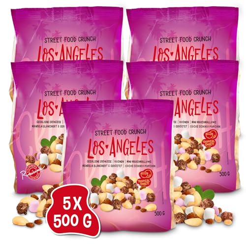 Street Food Crunch - Los Angeles Knabbermix 5x500g - Knabbermischung tropische Süße und herzhafter Genuss – Snack-Mix american style mit Mini Marshmallows, Cocos-Schoko-Popcorn, Mandeln und Erdnüsse von Clasen Bio