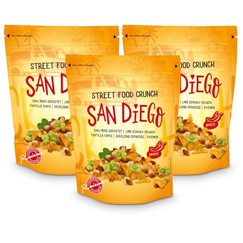 Street Food Crunch - San Diego Knabbermix sweet & spicy 3x150g - Knabbermischung mit Chili-Mais und Lime Schoko Crunch – Snack-Mix american style knusper Tortilla Chips, gesalzene Erdnüsse, Rosinen von Clasen Bio