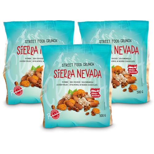 Street Food Crunch - Sierra Nevada Knabbermix sweet & smokey 3x500g - Knabbermischung mit BBQ Cracker, Rauchmandeln, Apfelwürfel in weißer Schokolade – Snack-Mix american style rauchige Snackmischung von Clasen Bio