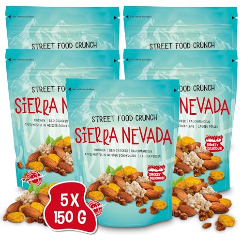 Street Food Crunch - Sierra Nevada Knabbermix sweet & smokey 5x150g - Knabbermischung mit BBQ Cracker, Rauchmandeln, Apfelwürfel in weißer Schokolade – Snack-Mix american style rauchige Snackmischung von Clasen Bio