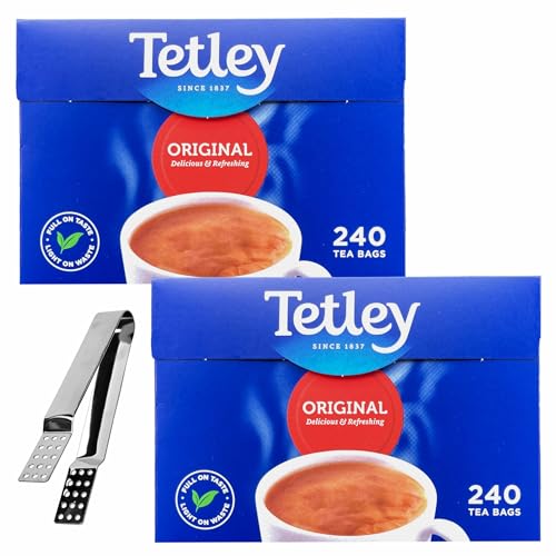 Tetley Schwarzer Tee 240 Btl.– Tetley Tea im Teebeutel 750g x 2 Stück, Bundle mit Cleverry Edelstahl Teebeutelzange 1 Stück von Cleverry