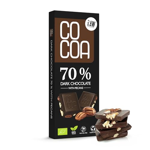Dunkle Schokolade 70% mit BIO-Pekannüssen 40 g, ohne weißen raffinierten Zucker, ROH-Schokolade aus ungerösteten Kakaobohnen, klassische dunkle Schokolade mit Pekannüssen. Dunkle Schokolade 70% mit BIO-Pekannüssen 40 g, ohne weißen raffinierten Zucker, ROH-Schokolade aus ungerösteten Kakaobohnen, klassische dunkle Schokolade mit Pekannüssen. von Co coa