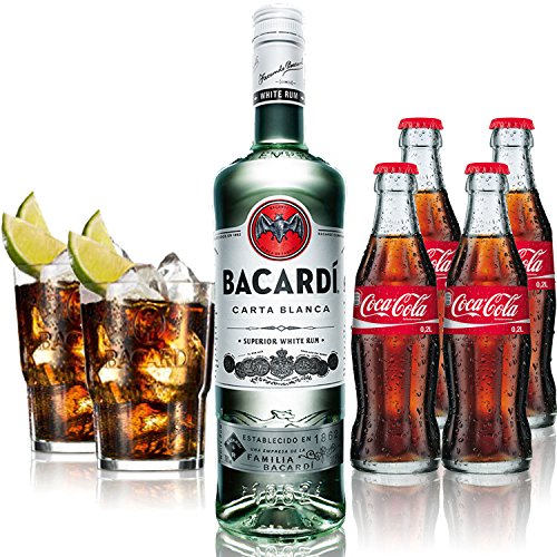 Cuba Libre Set - Bacardi Carta Blanca Rum 0,7l 700ml (37,5% Vol) + 4x Coca Cola 0,2L + 2x Bacardi Glas Gläser 2/4cl geeicht - Inkl. Pfand MEHRWEG von Coca Cola-Coca Cola