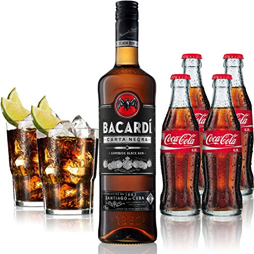 Cuba Libre Set - Bacardi Carta Negra Rum 0,7l 700ml (40% Vol) + 4x Coca Cola 0,2L + 2x Bacardi Glas Gläser 2/4cl geeicht - Inkl. Pfand MEHRWEG von Coca Cola-Coca Cola