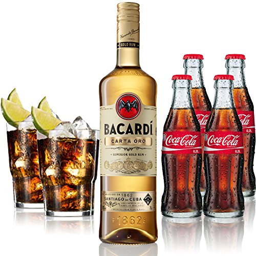 Cuba Libre Set - Bacardi Carta Oro Gold Rum 0,7l 700ml (40% Vol) + 4x Coca Cola 0,2L + 2x Bacardi Glas Gläser 2/4cl geeicht - Inkl. Pfand MEHRWEG von Coca Cola-Coca Cola