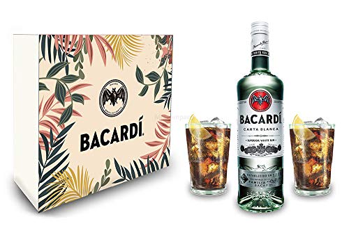 Giftbox Geschenkset Bacardi Carta Blanca Rum 0,7l 700ml (37,5% Vol) + 2xGläser - Longdrink Glas von Coca Cola-Coca Cola