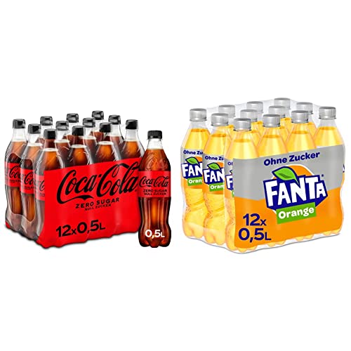 Coca-Cola Zero Sugar (12 x 500 ml) & Fanta Zero Orange - fruchtig-spritzige Limonade mit klassisichem Orangen-Geschmack - ohne Zucker und ohne Kalorien - Einweg Flaschen (12 x 500 ml) von Coca-Cola