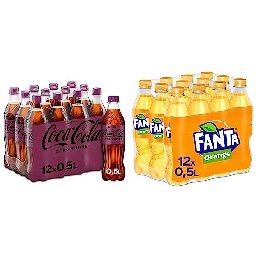 Coca-Cola Zero Sugar Cherry - fruchtiges Erfrischungsgetränk mit Kirsch-Geschmack (12 x 500 ml) & Fanta Orange - fruchtig-spritzige Limonade mit klassischem Orangen-Geschmack (12 x 500 ml) von Coca-Cola