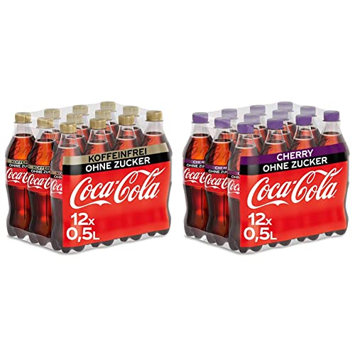 Coca-Cola Zero Sugar Koffeinfreies Erfrischungsgetränk - null Zucker, Einweg Flasche 12 x 500ml & Zero Sugar Cherry/Fruchtiges Erfrischungsgetränk ohne Zucker / 12 x 500 ml Einweg Flasche von Coca-Cola