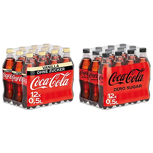 Coca-Cola Zero Sugar Vanilla/Prickelndes koffeinhaltiges Getränk ohne Zucker / 12 x 500 ml Einweg Flasche, 6000 ml & Zero Sugar, Koffeinhaltiges Erfrischungsgetränk (12 x 500 ml) von Coca-Cola