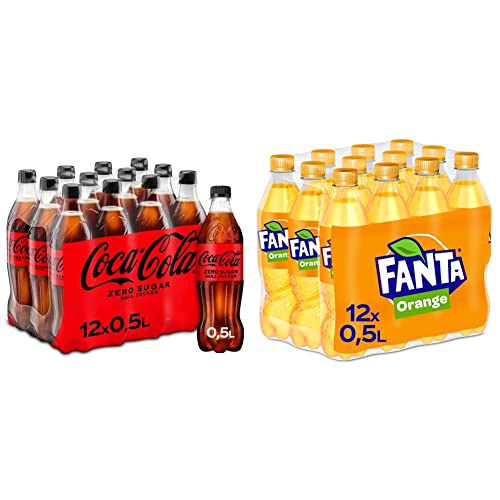 Coca-Cola Zero Sugar - koffeinhaltiges Erfrischungsgetränk (12 x 500 ml) & Fanta Orange - fruchtig-spritzige Limonade mit klassischem Orangen-Geschmack - in Einweg Flaschen (12 x 500 ml) von Coca-Cola