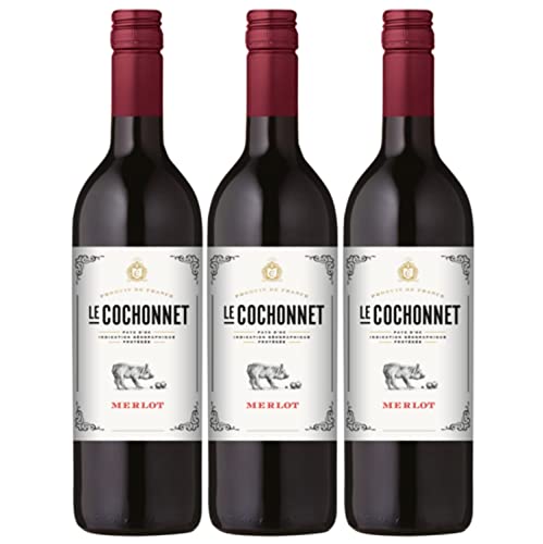 Le Cochonnet Merlot Pays d' Oc Rotwein französischer Wein trocken IGP Frankreich I Versanel Paket (3 x 0,75l) von Cochonnet