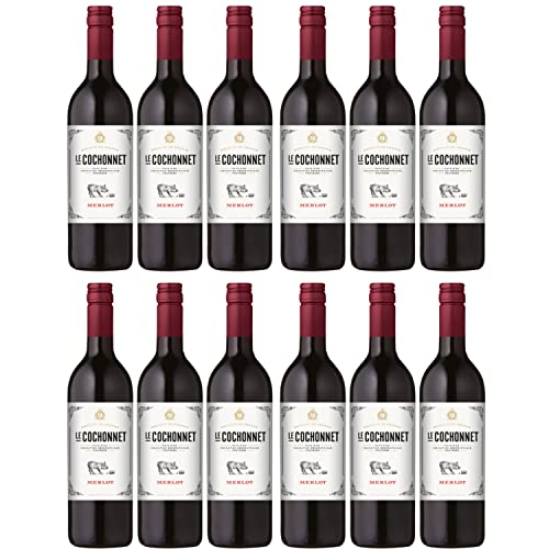 Le Cochonnet Merlot Pays d' Oc Rotwein trocken IGP Frankreich Literflasche I Versanel Paket (12 x 1,0l) von Cochonnet