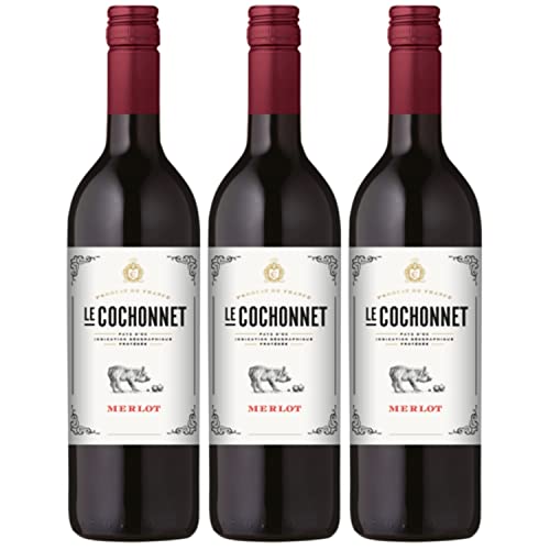 Le Cochonnet Merlot Pays d' Oc Rotwein trocken IGP Frankreich Literflasche I Versanel Paket (3 x 1,0l) von Cochonnet