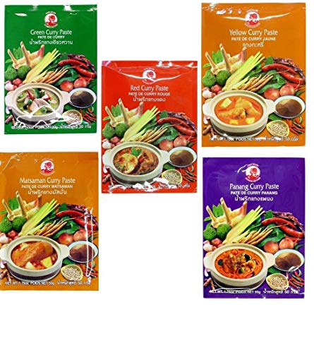 Cock Brand - 5 verschiedene Curry Pasten je 50g (Rote, Gelbe, Grüne, Panang, Matsaman) von Cock