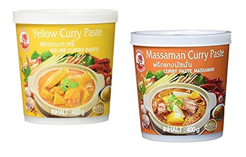 Cock Brand - Probierset Currypasten - 2er Pack (2 x 400g) - 2 Sorten, je 1 Dose Gelb, Massaman Currypaste von Cock